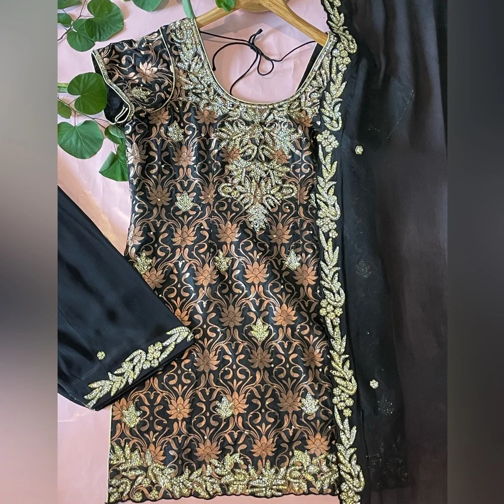 Copper and black Indian suit salwar kameez brocade suit Punjabi Pakistan - Picture 3 of 11
